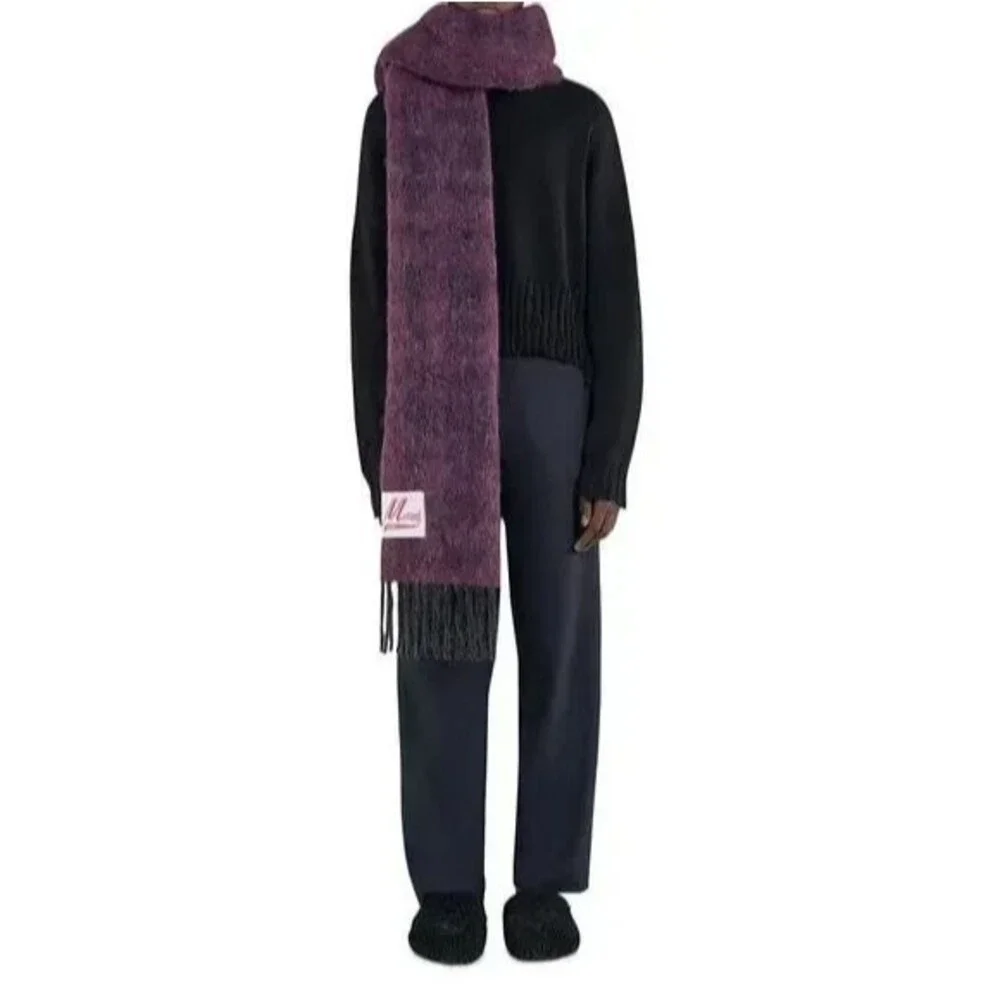 MARNI Brushed Wool Mohair Oversized Check Scarf Purple Black Fringe ITALY 100x30
